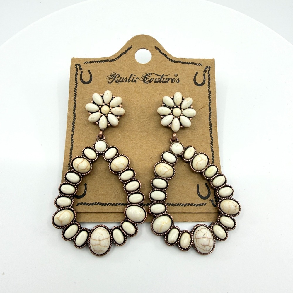 Rustic Couture White Stone Flower Drop Earrings Western Boho Statement Jewelry